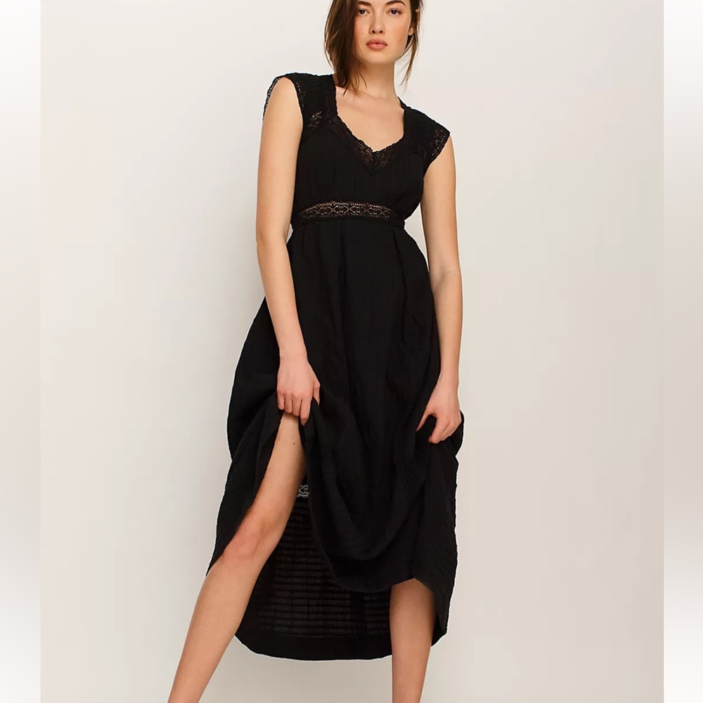 FREE PEOPLE SWEET ANNIE MIDI DRESS BLACK 100% COTTON OVERSIZED KEYHOLE BACK SM